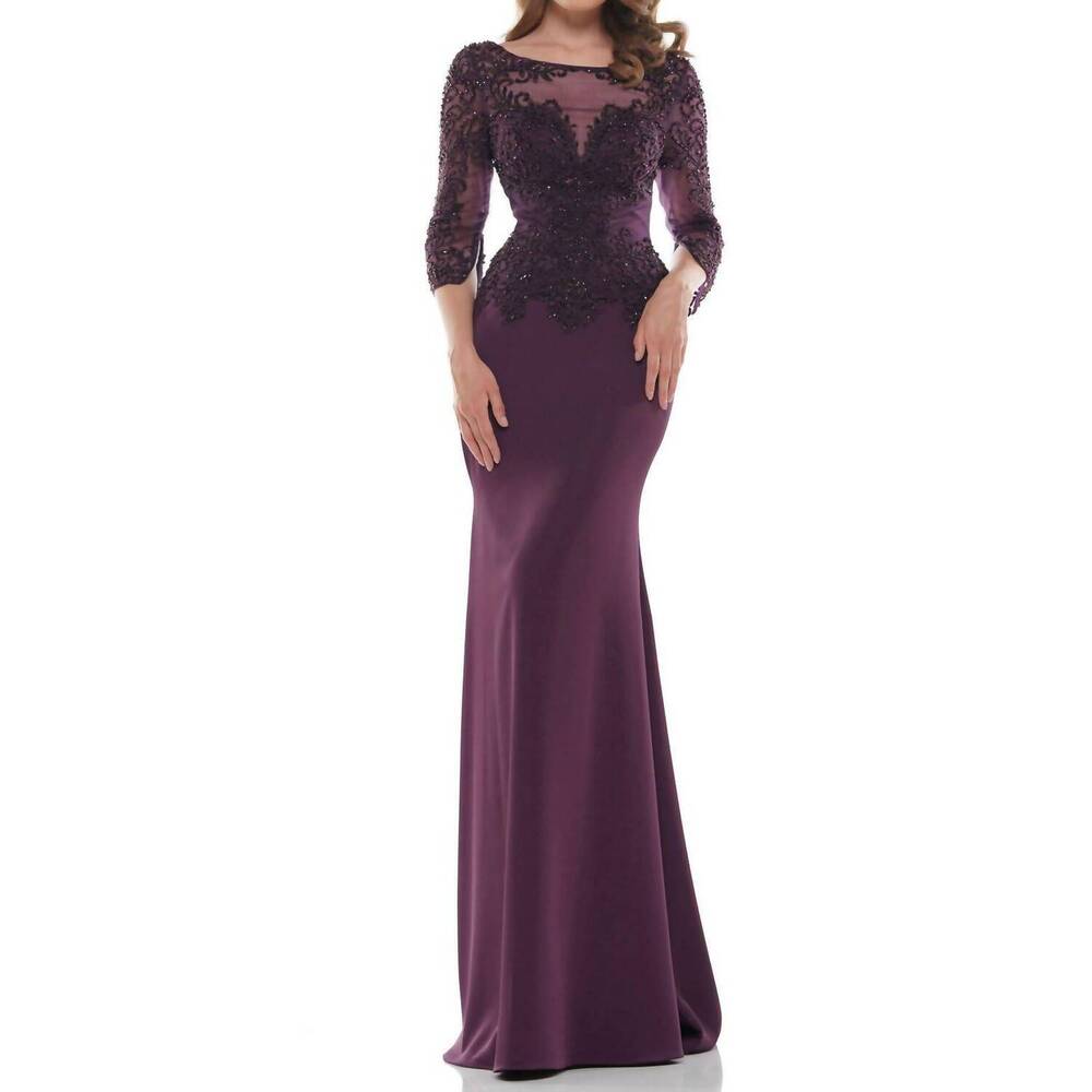 NEW COLORS DRESS fit & flare 3/4 sleeve gown in eggplant